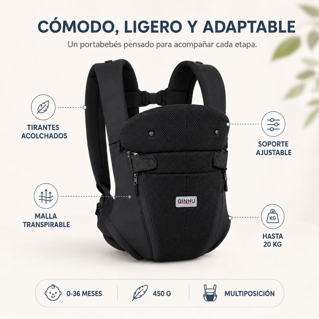 Un portabebés ergonómico negro con malla, tirantes acolchados y etiquetas de características sobre fondo claro.