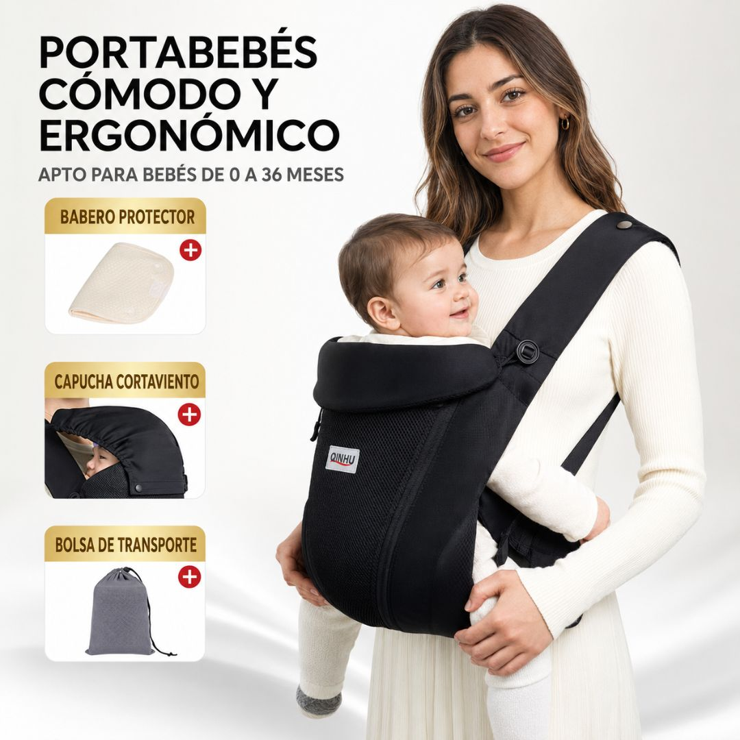 Una mujer lleva a un bebé en un portabebés negro, con accesorios mostrados al lado.