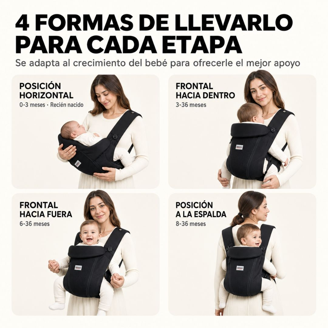 Cuatro imágenes muestran a una madre con un bebé en un portabebés negro en varias posiciones y etapas.