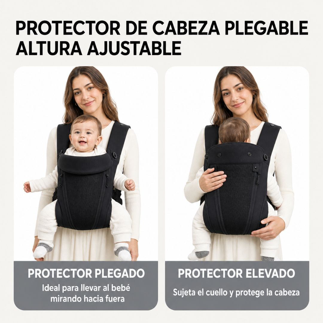 Una mujer lleva un bebé en un portabebés negro con protector de cabeza ajustable en dos posiciones.