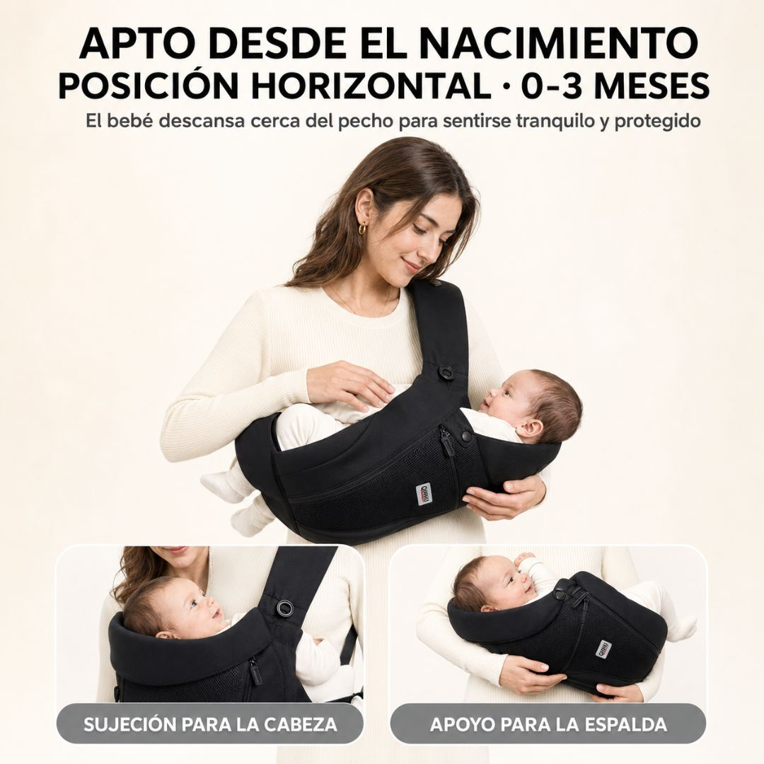 Una mujer sostiene a un bebé recién nacido en un portabebés negro en posición horizontal.