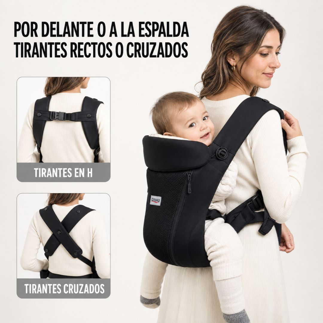 Una mujer lleva a un bebé en una mochila portabebés negra, con recuadros de tirantes en H y cruzados.