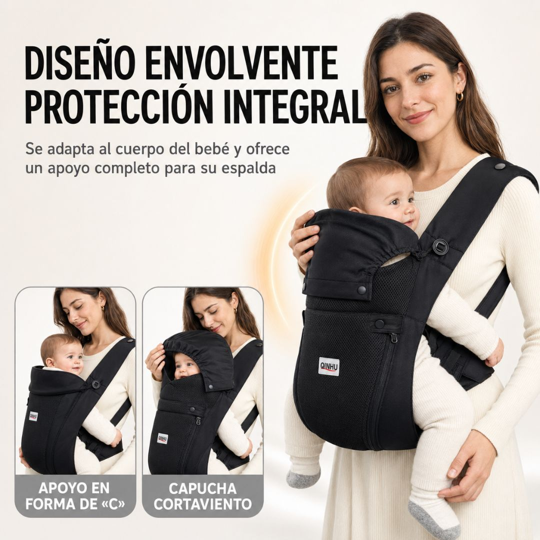 Mujer lleva a un bebé en portabebés negro, con texto en español e imágenes insertadas sobre diseño ergonómico y capucha.
