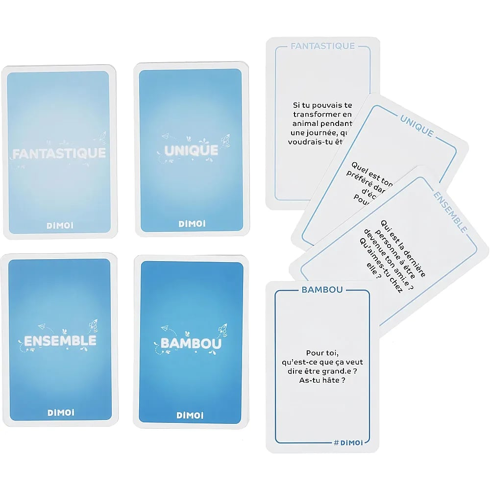 Jeux de cartes bleus avec du texte en français et des questions.