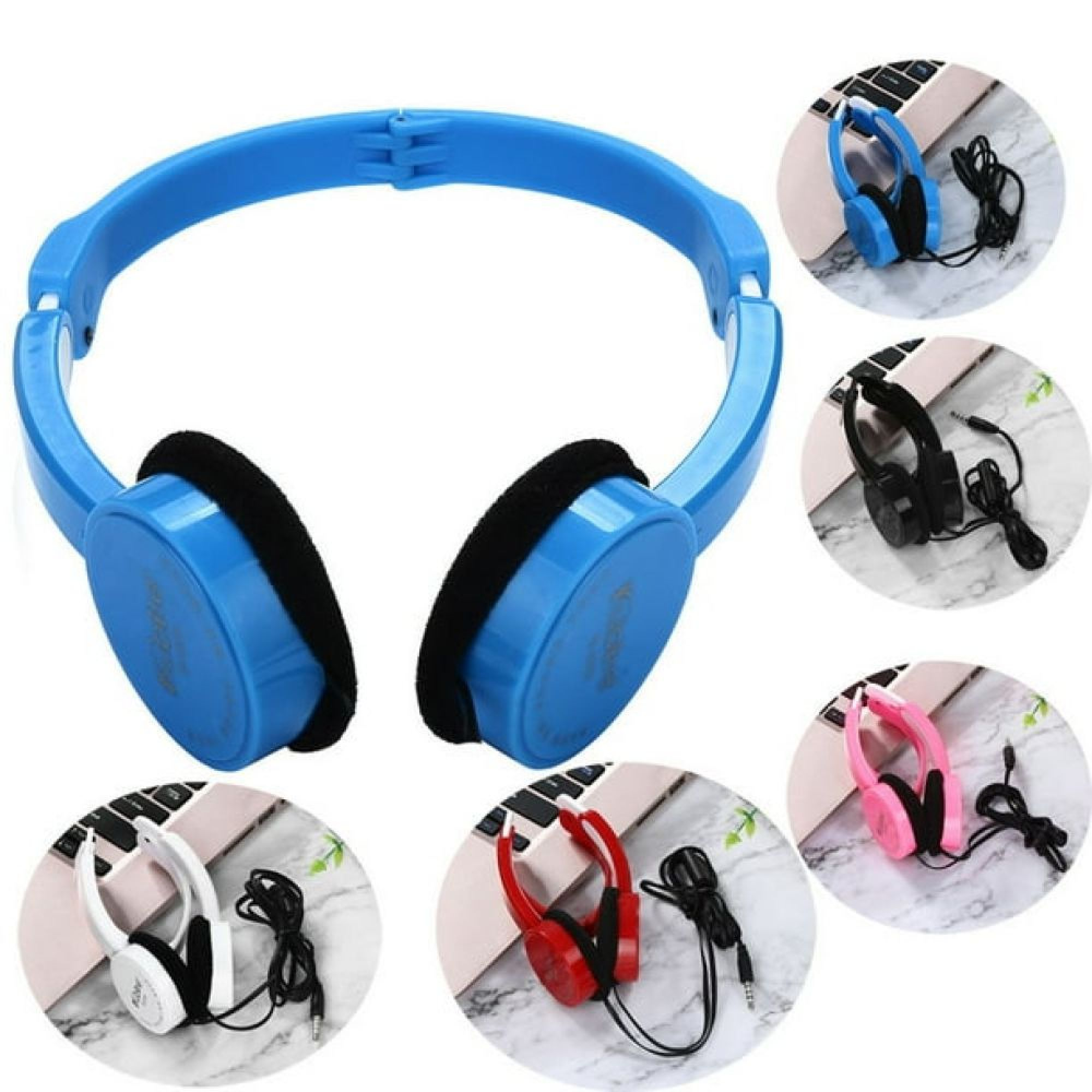 Blaue On-Ear-Kopfhörer im Vordergrund, mit kleineren Bildern von blauen, schwarzen, rosa, weißen und roten Kopfhörern.