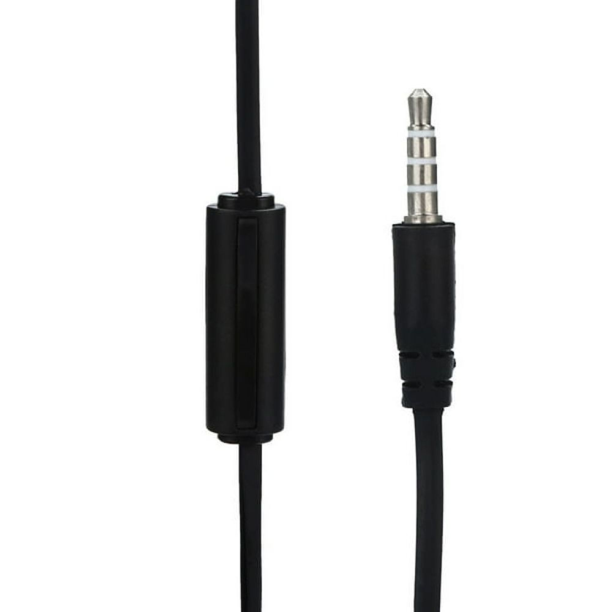Ein schwarzes Audiokabel mit integrierter Steuereinheit und 3,5-mm-Klinkenstecker vor weißem Hintergrund.
