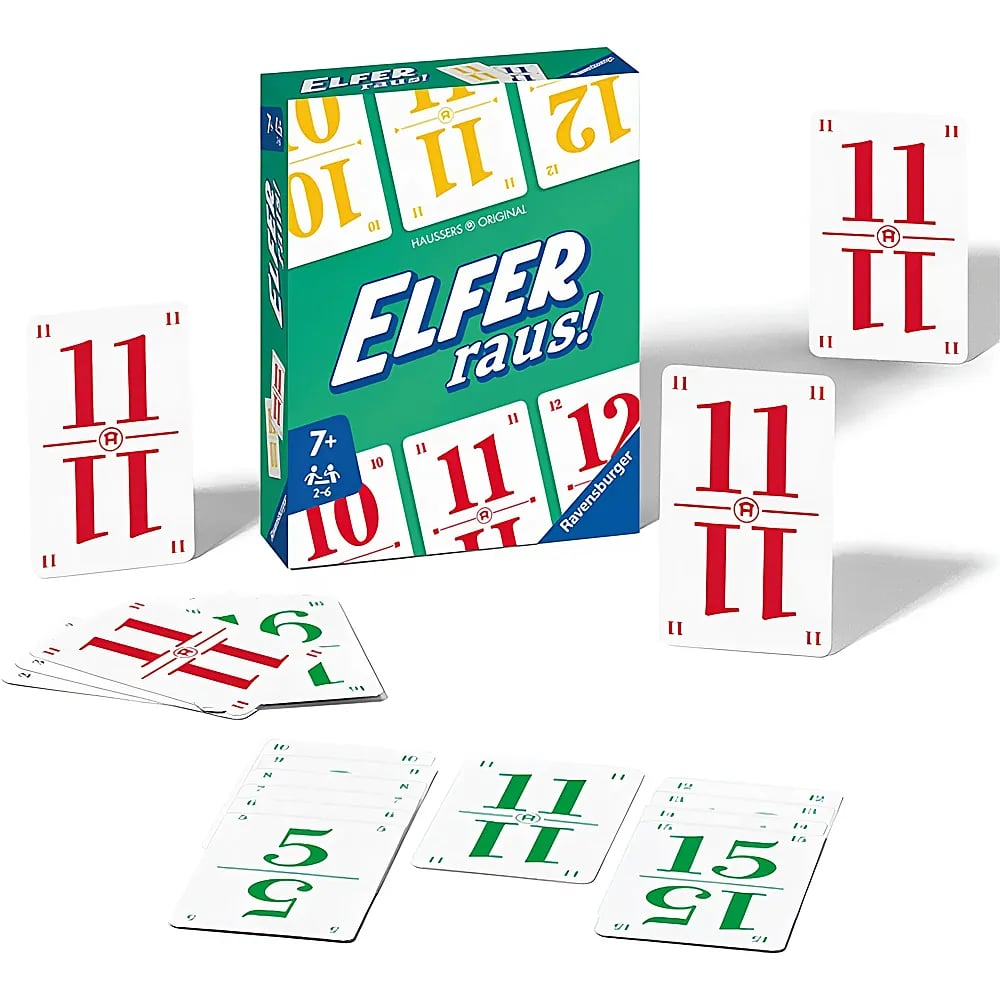 Elfer Raus! Spielschachtel in Grün und Weiß, umgeben von verstreuten nummerierten Karten auf weißem Hintergrund.