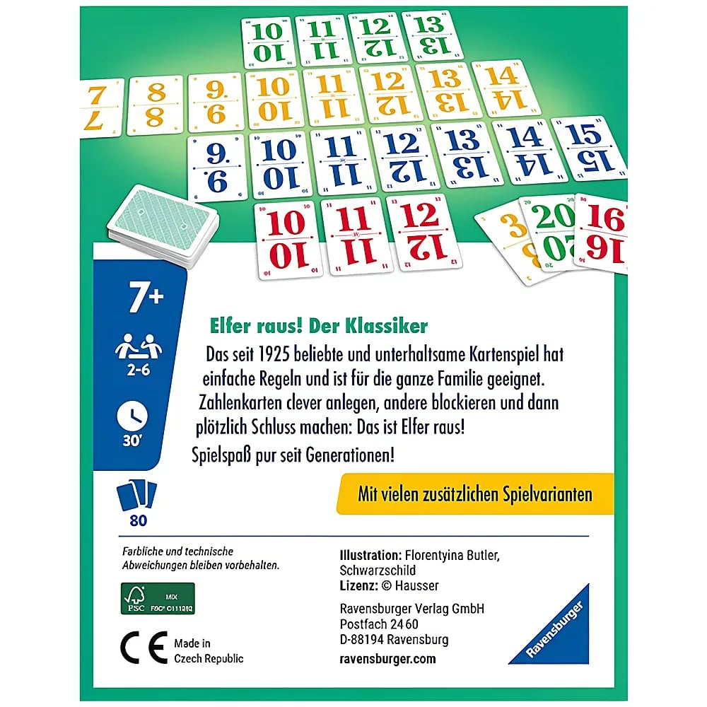 Rückseite der Spieleverpackung von Elfer raus mit Kartenmustern, deutscher Spielbeschreibung und Ravensburger Logo.
