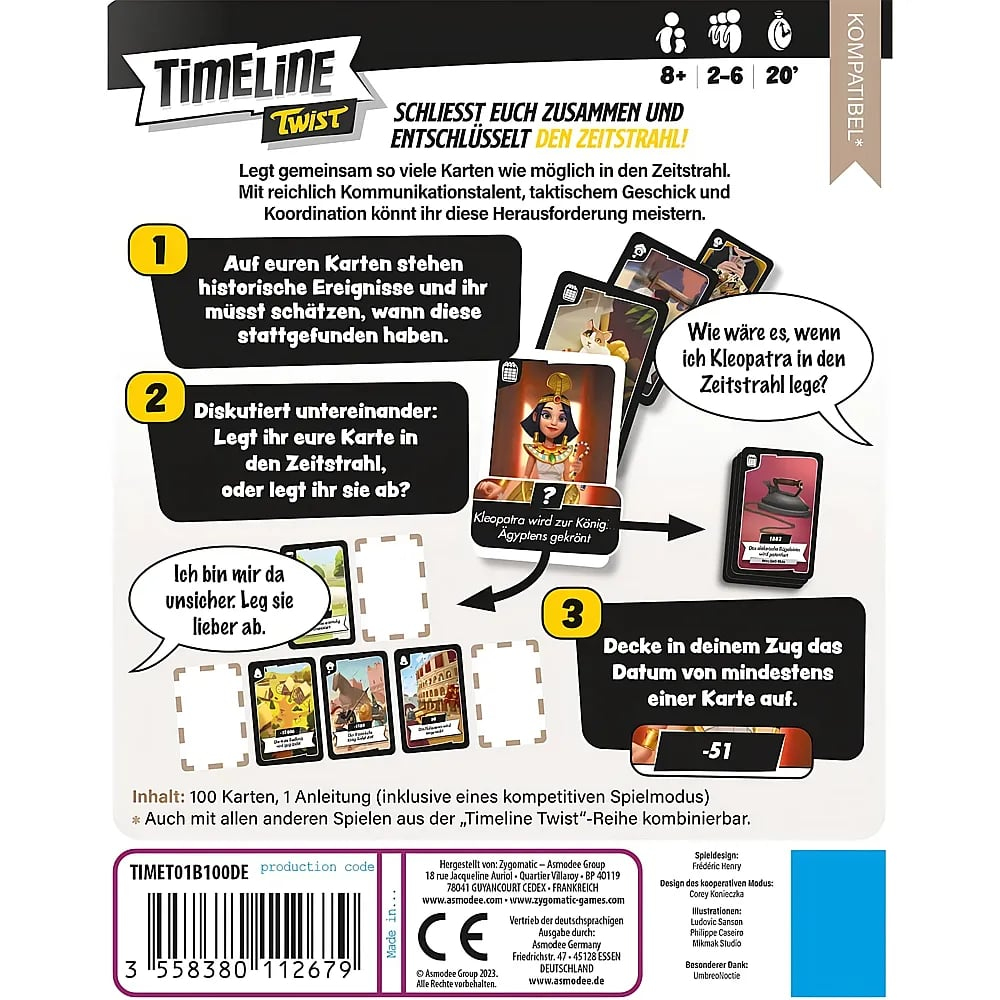 Die Spielkarton-Rückseite zeigt Spielregeln, Illustrationen und Details für Timeline Twist.