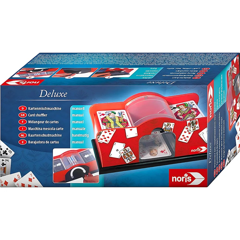 Verpackung einer roten, manuellen Kartenmischmaschine von Noris, dekoriert mit spielkarten.