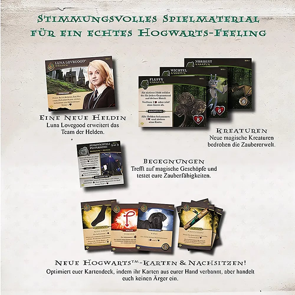 Verschiedene Harry Potter Spielkarten mit Charakteren, Kreaturen und Gegenständen vor einem pergamentartigen Hintergrund.