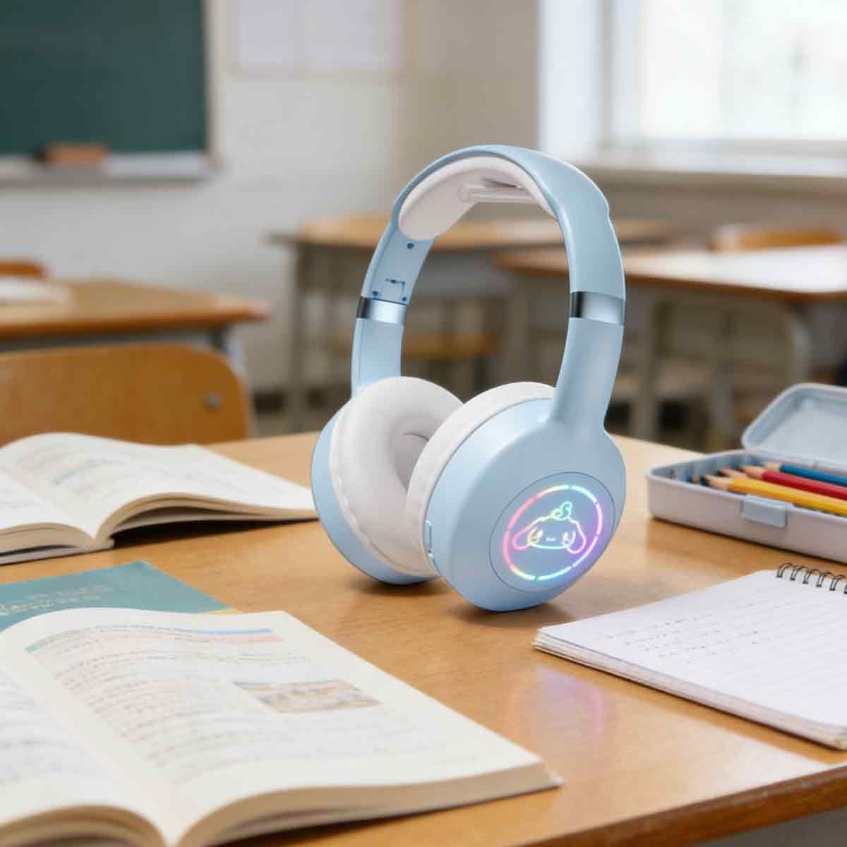 Blaue Kopfhörer mit weißem Innenfutter stehen auf einem Holztisch in einem Klassenzimmer.