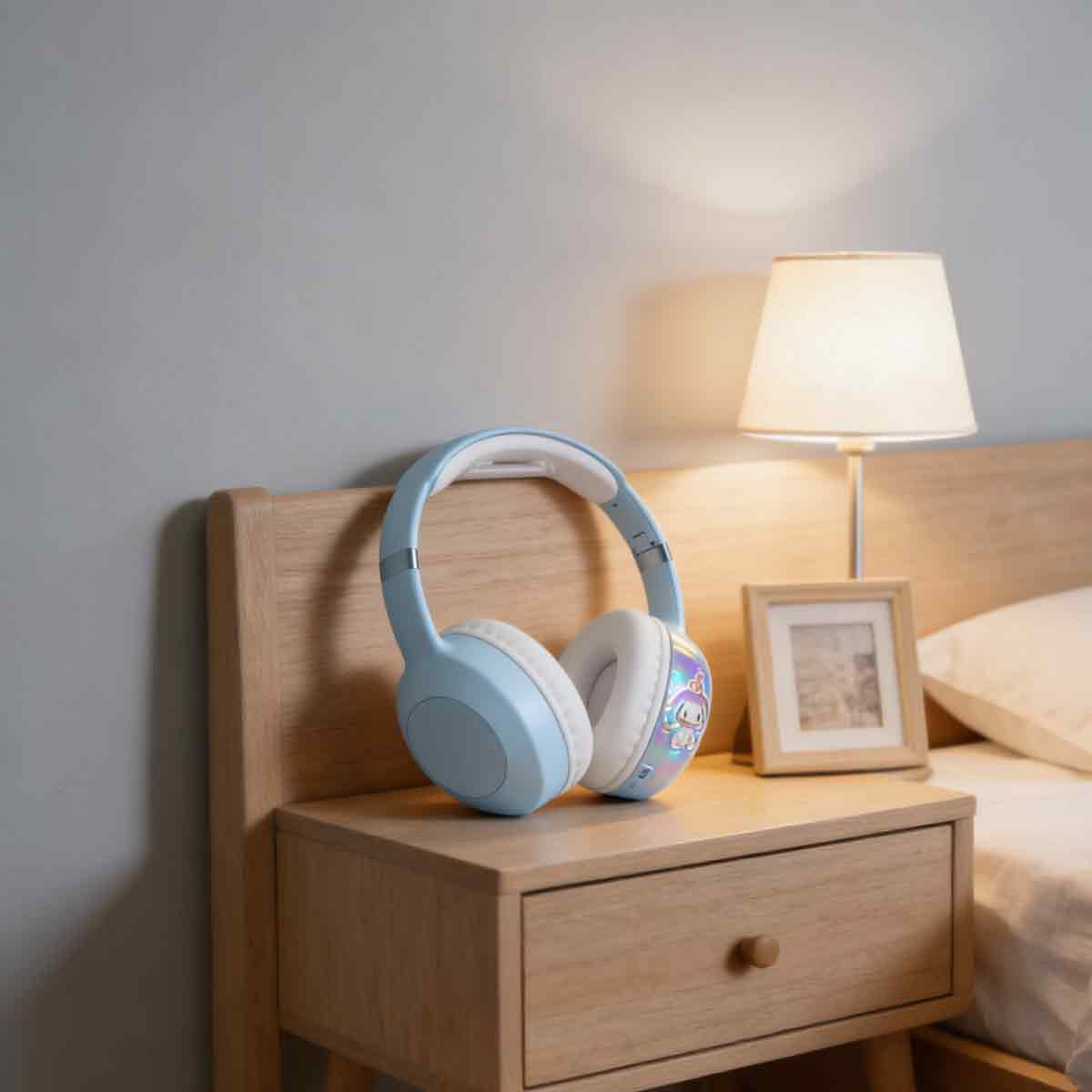 Blaue Kopfhörer mit Aufkleber auf einem Holznachtisch neben einer Lampe und einem kleinen Bilderrahmen.