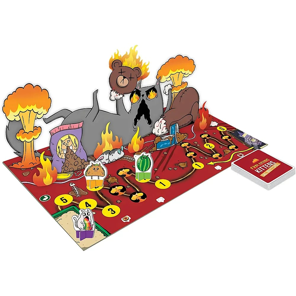 Ein buntes Exploding Kittens Brettspiel mit einer großen grauen Katze, Explosionen und Spielsteinen auf rotem Grund.
