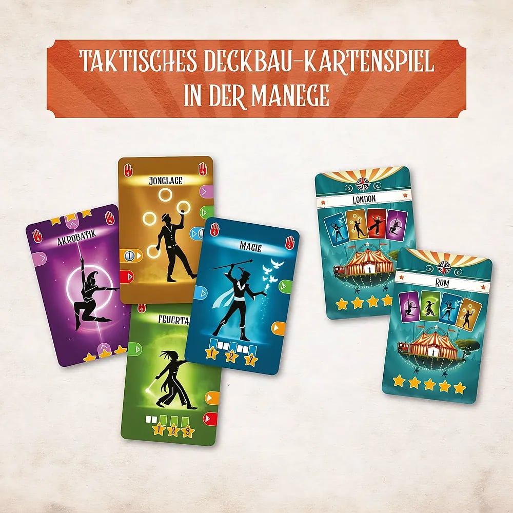 Buntes Kartenspiel zum Thema Zirkus mit verschiedenen bunten Spielkarten, die Akrobatik, Magie und Städte zeigen.