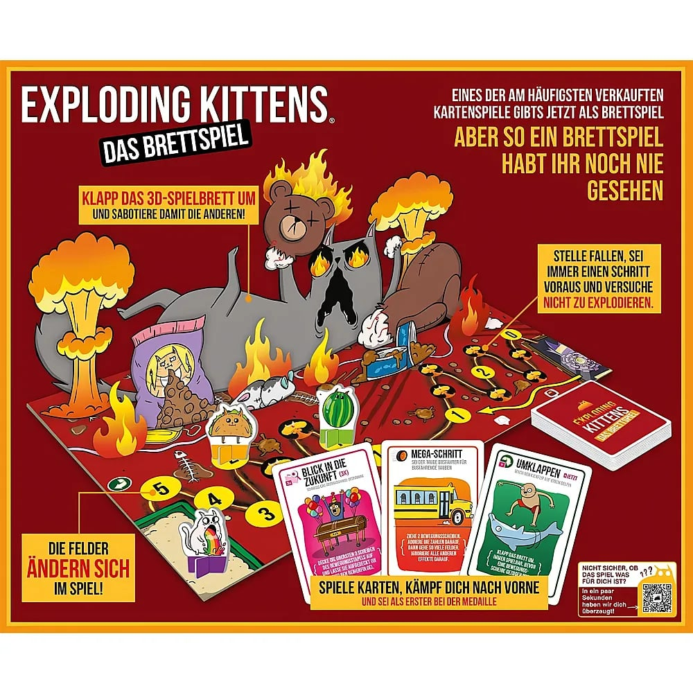 Die Brettspielverpackung von Exploding Kittens zeigt eine humorvolle Illustration mit Katzen, Flammen und explosiven Elementen.