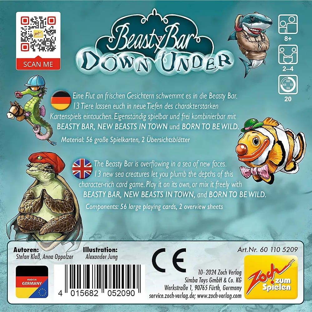 Rückseite der Spielverpackung von Beasty Bar Down Under mit Tieren im Meer und Beschreibungen auf Deutsch und Englisch.