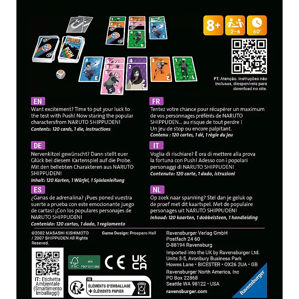 Retro della confezione del gioco di carte Naruto con regole e QR code.