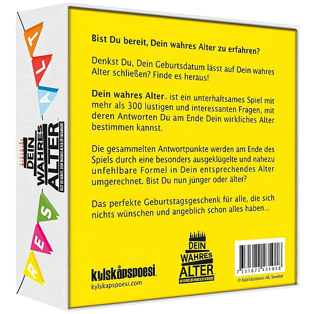 Rückseite einer gelben Spielschachtel mit deutschem Text und Barcode.