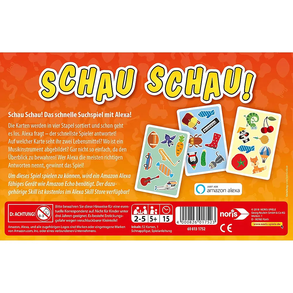 Rückseite der Spieleverpackung von Schau Schau! mit Spielregeln, dreifarbigen Karten und Amazon Alexa Logo.