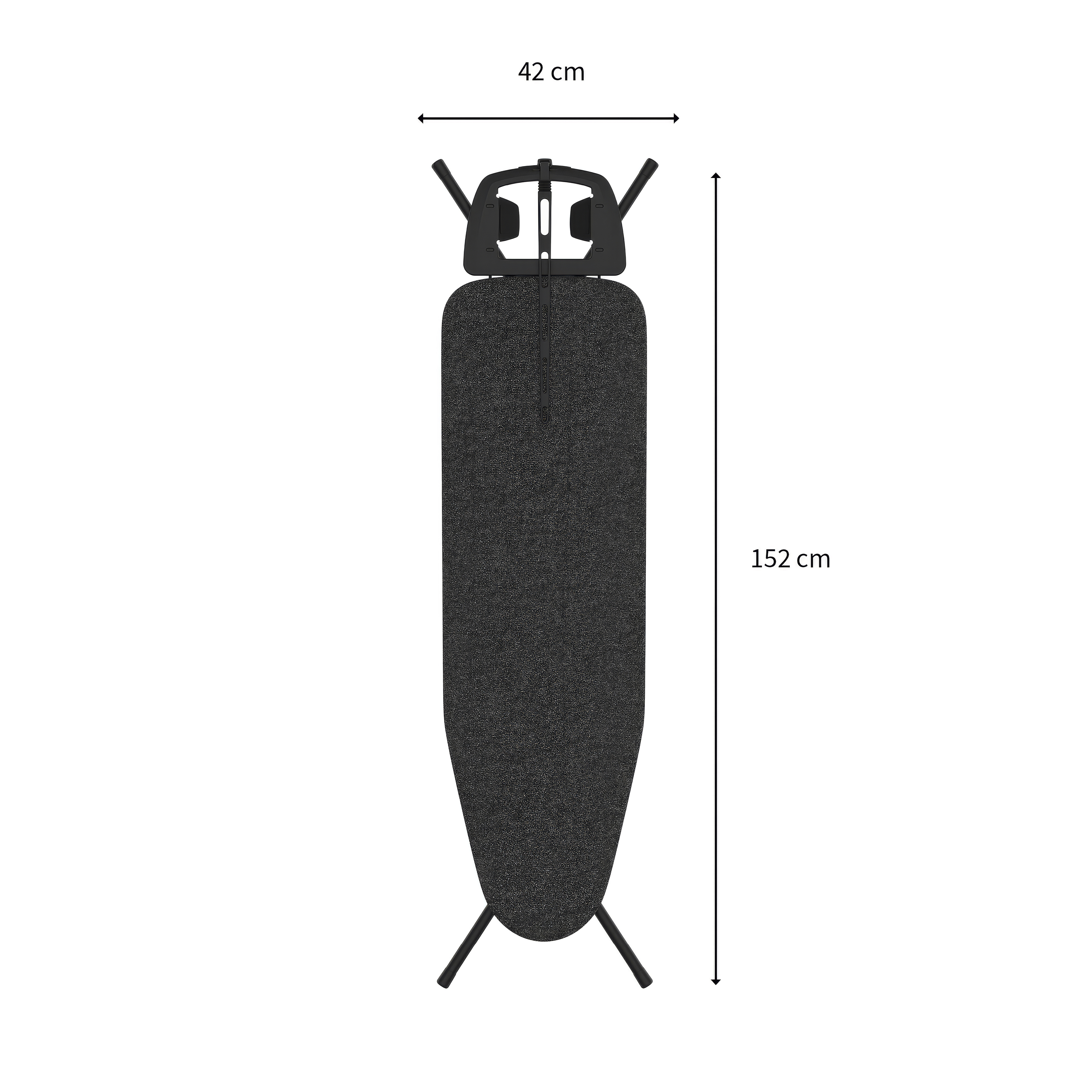 Ein graues Bügelbrett mit Maßen von 42 cm Breite und 152 cm Höhe auf weißem Hintergrund.