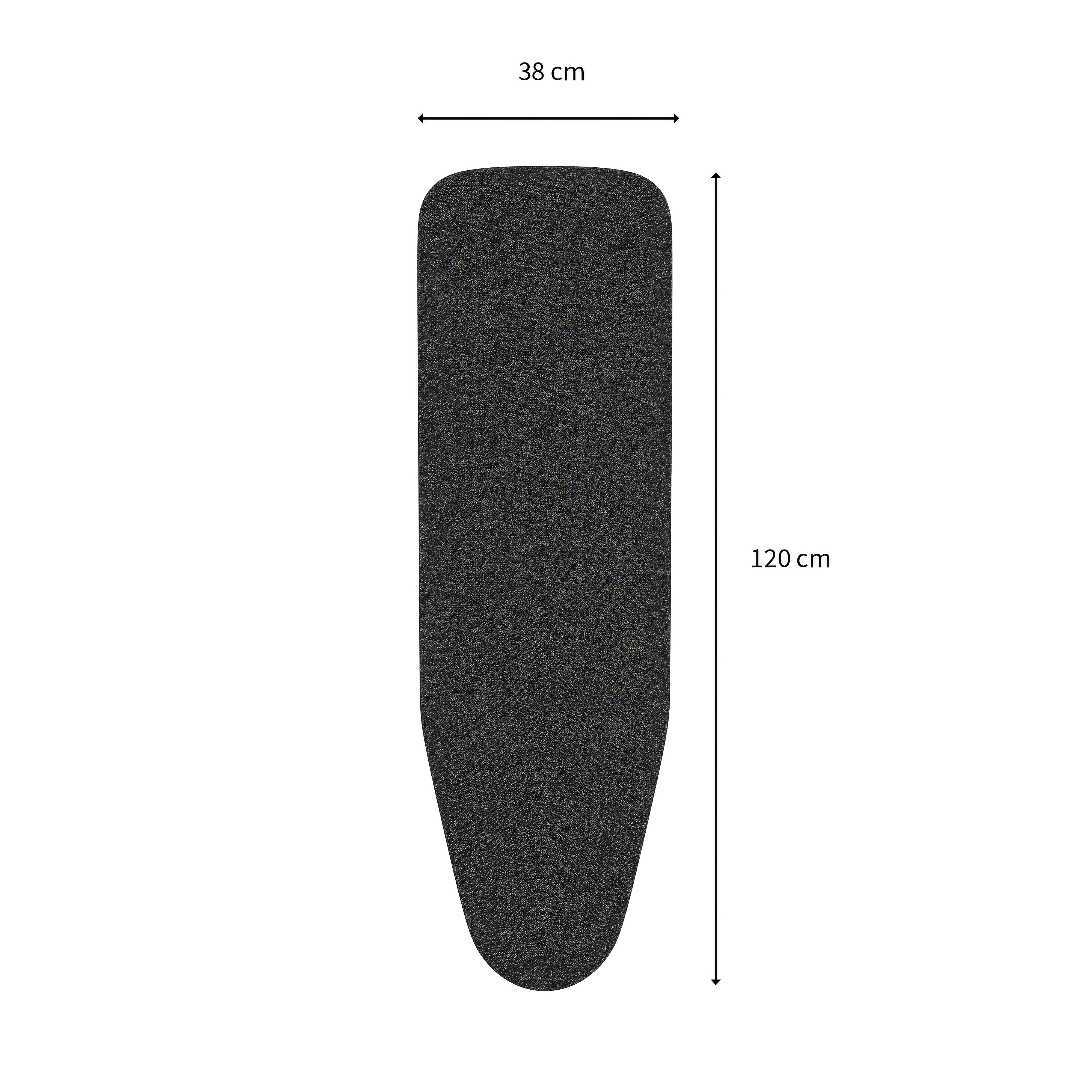 Ein dunkles, längliches Bügelbrettpad mit den Maßen 38 cm Breite und 120 cm Länge vor weißem Hintergrund.