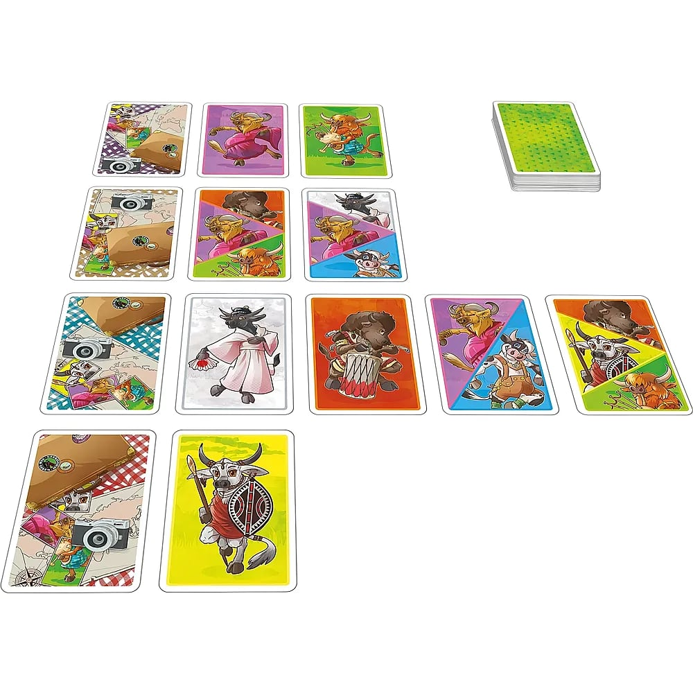 Un jeu de cartes colorées avec des animaux de dessin animé et des scènes de voyage sur fond blanc.
