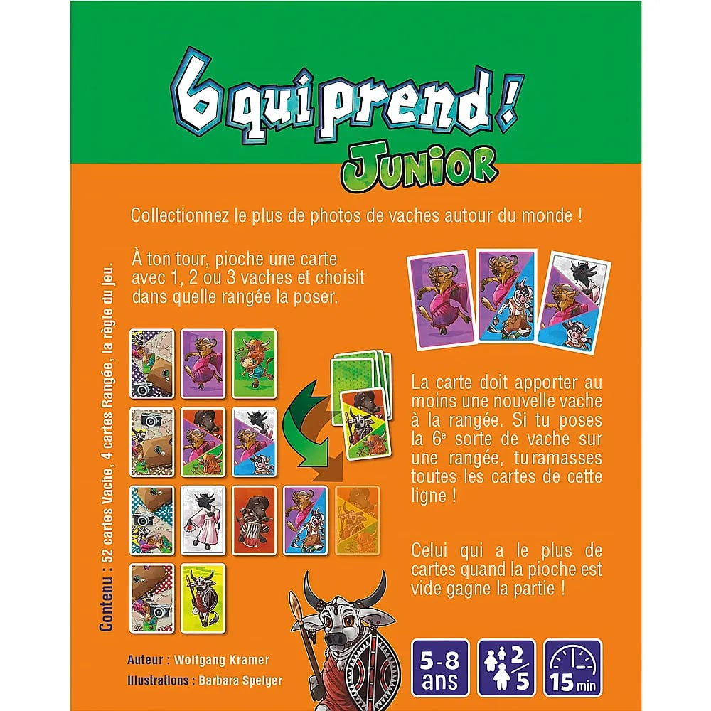 Dos de la boîte 6 qui prend ! Junior avec règles, illustrations et infos de jeu sur fond orange.