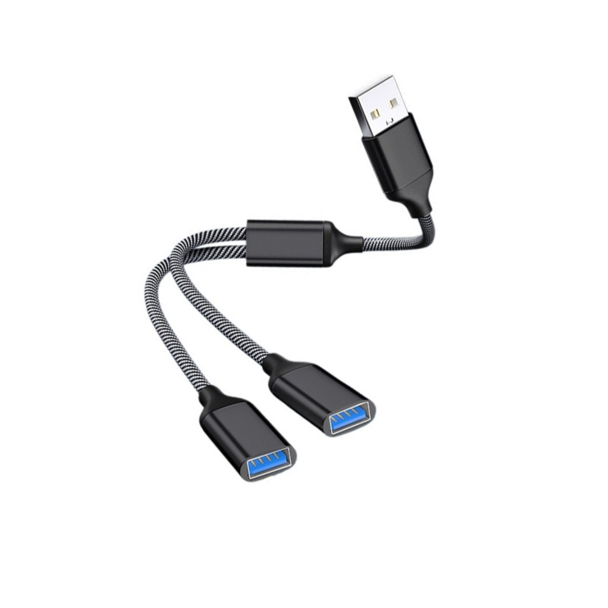Ein schwarzes USB-Kabel teilt sich von einem Stecker in zwei Buchsen mit geflochtenem Nylonmantel.