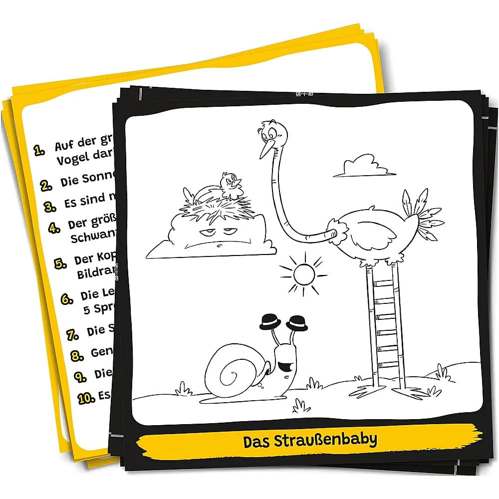Page de coloriage en noir et blanc montrant une autruche sur une échelle, un escargot à chapeaux et des oiseaux.