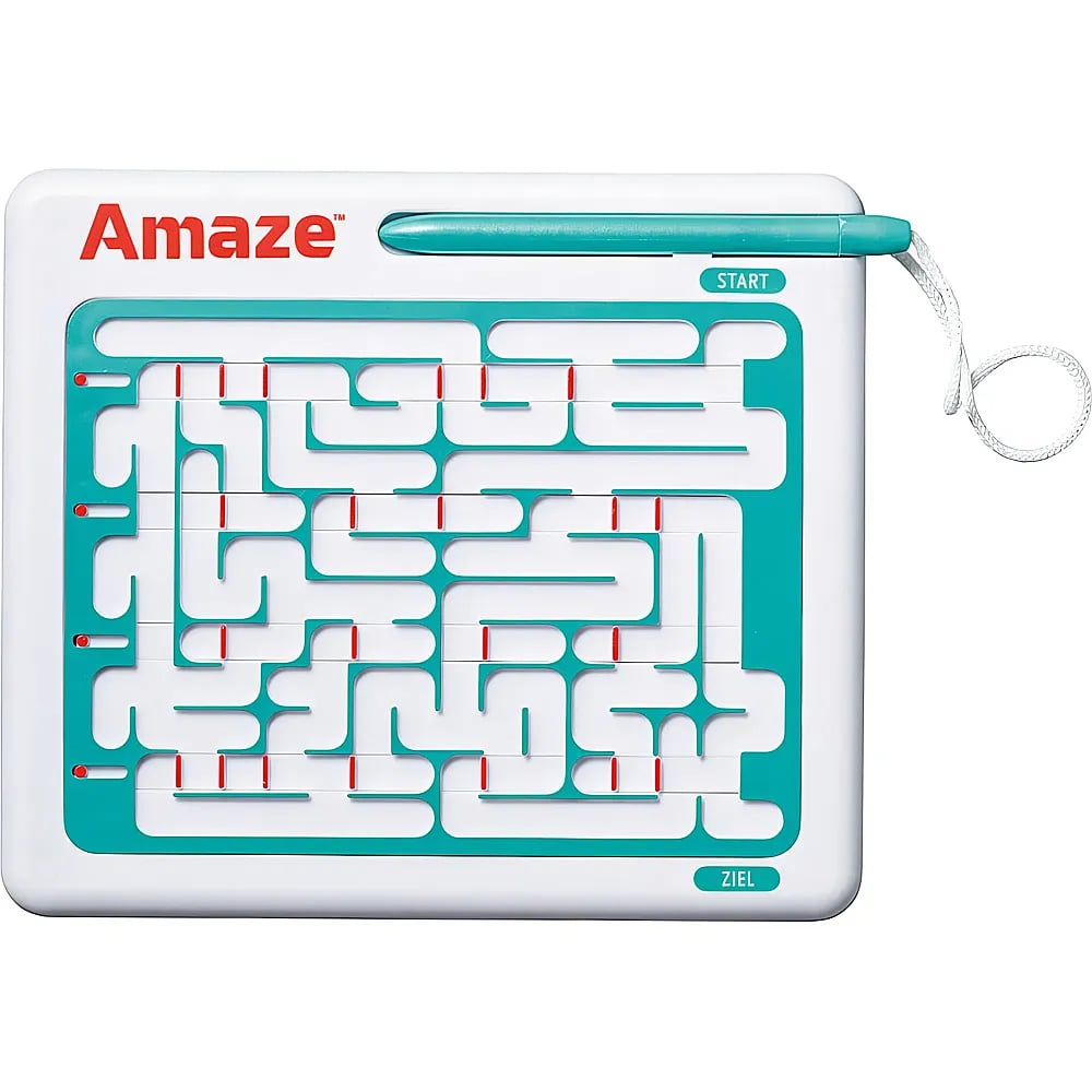 Un juego de mesa de laberinto Amaze blanco y verde azulado con barras deslizantes y bolígrafo.