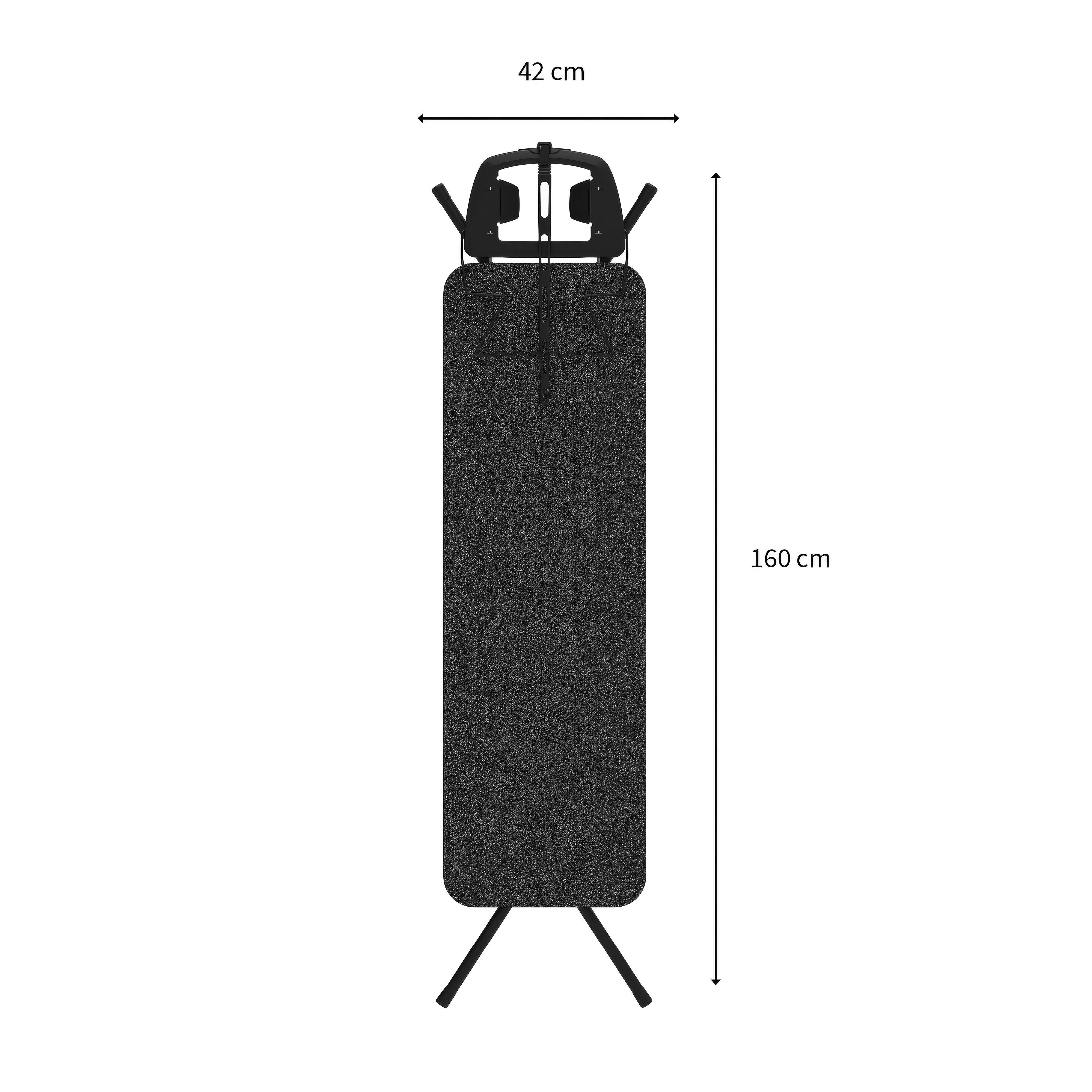 Műszaki rajz egy sötét vasalódeszkáról, 42 cm széles és 160 cm magas méretekkel.