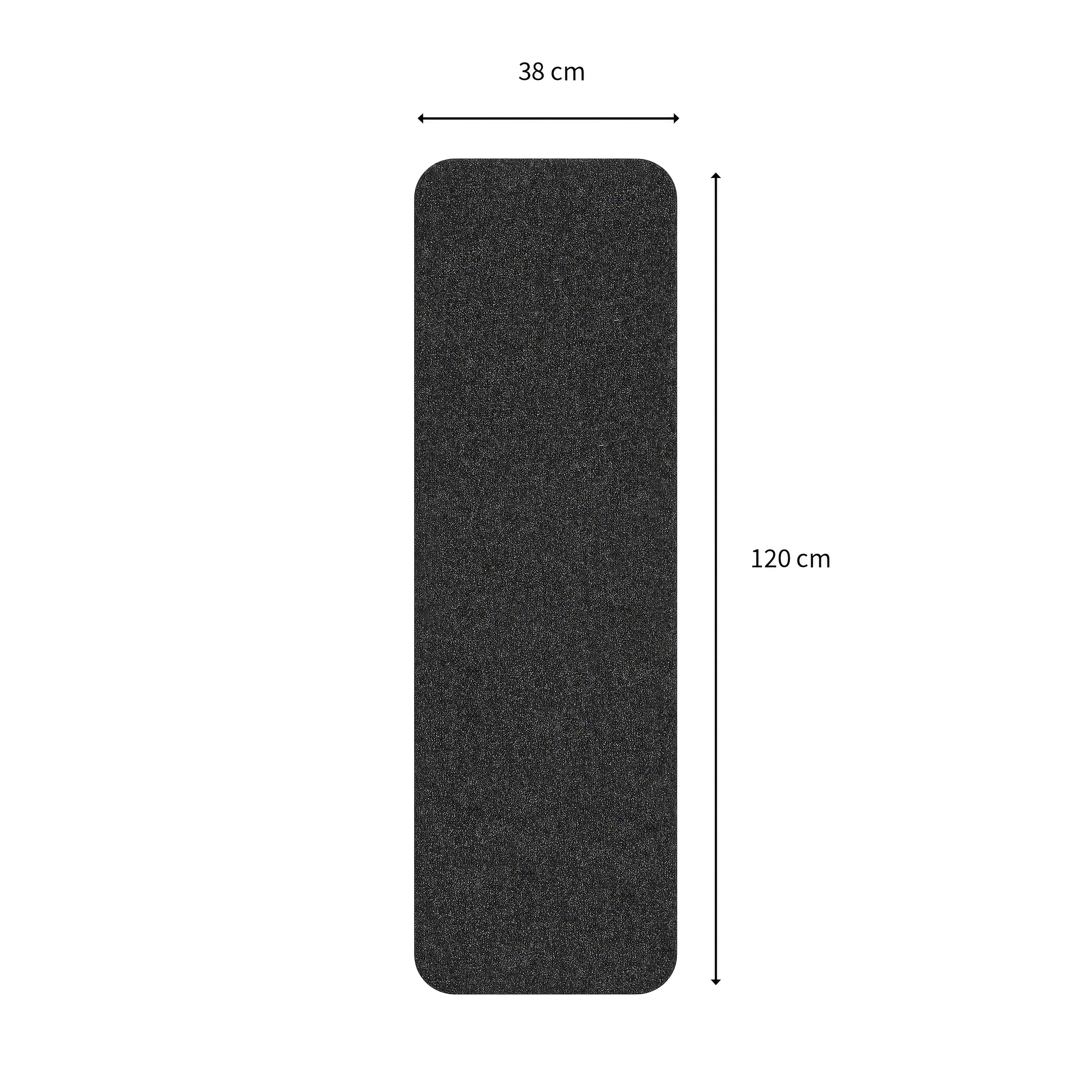 Fekete, lekerekített szőnyeg 38 cm szélességgel és 120 cm hosszúsággal fehér háttéren.