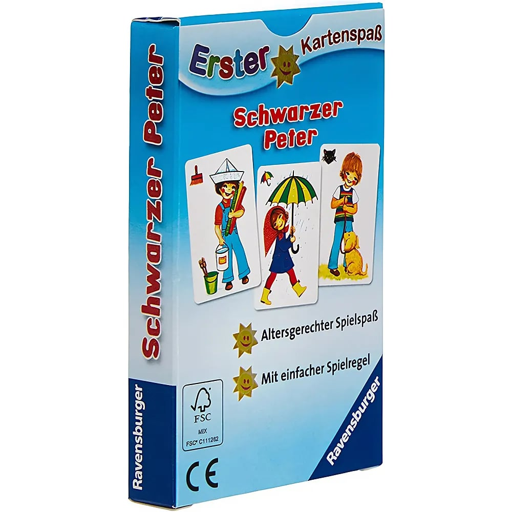 Blaue Ravensburger Schwarzer Peter Kartenspielbox mit bunten Illustrationen und Logos.