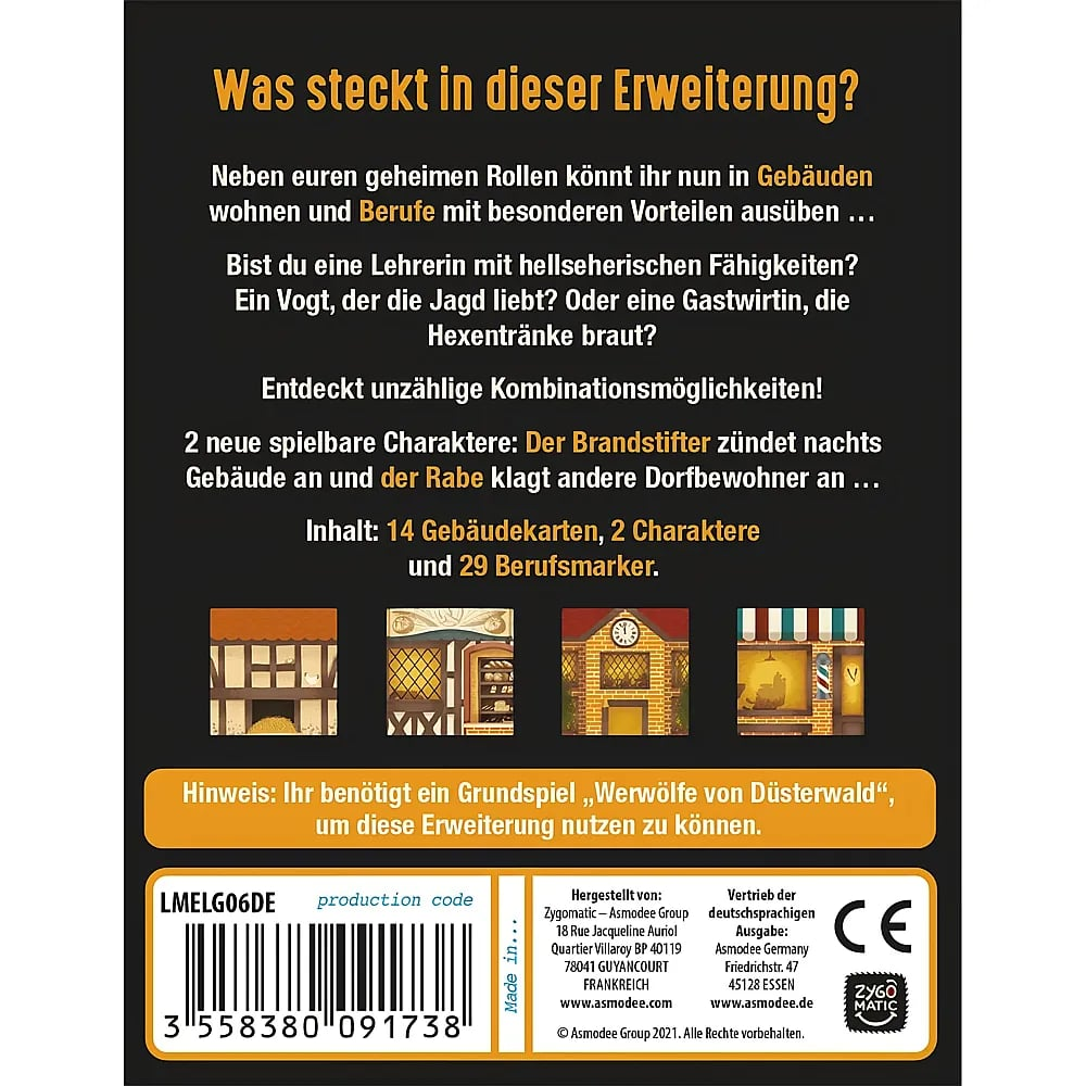 Rückseite einer Brettspielerweiterung mit Text auf Deutsch, Illustrationen und Barcode unten.