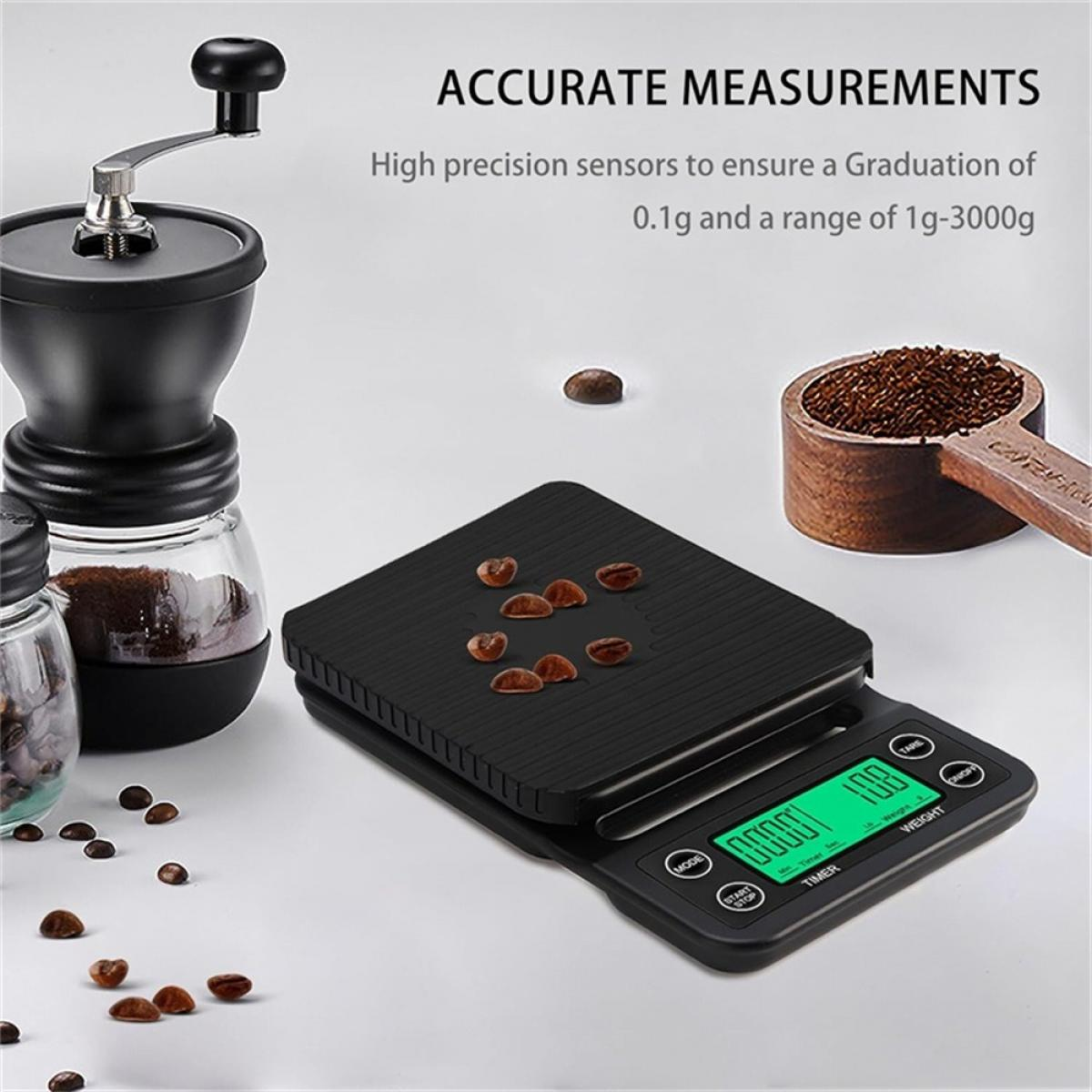 Eine schwarze Kaffeewaage mit Kaffeebohnen, einer Mühle und einem Löffel mit Kaffeemehl.