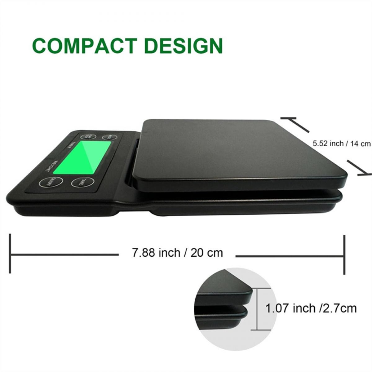 Schwarze digitale Küchenwaage mit grünem Display und genauen Abmessungen.
