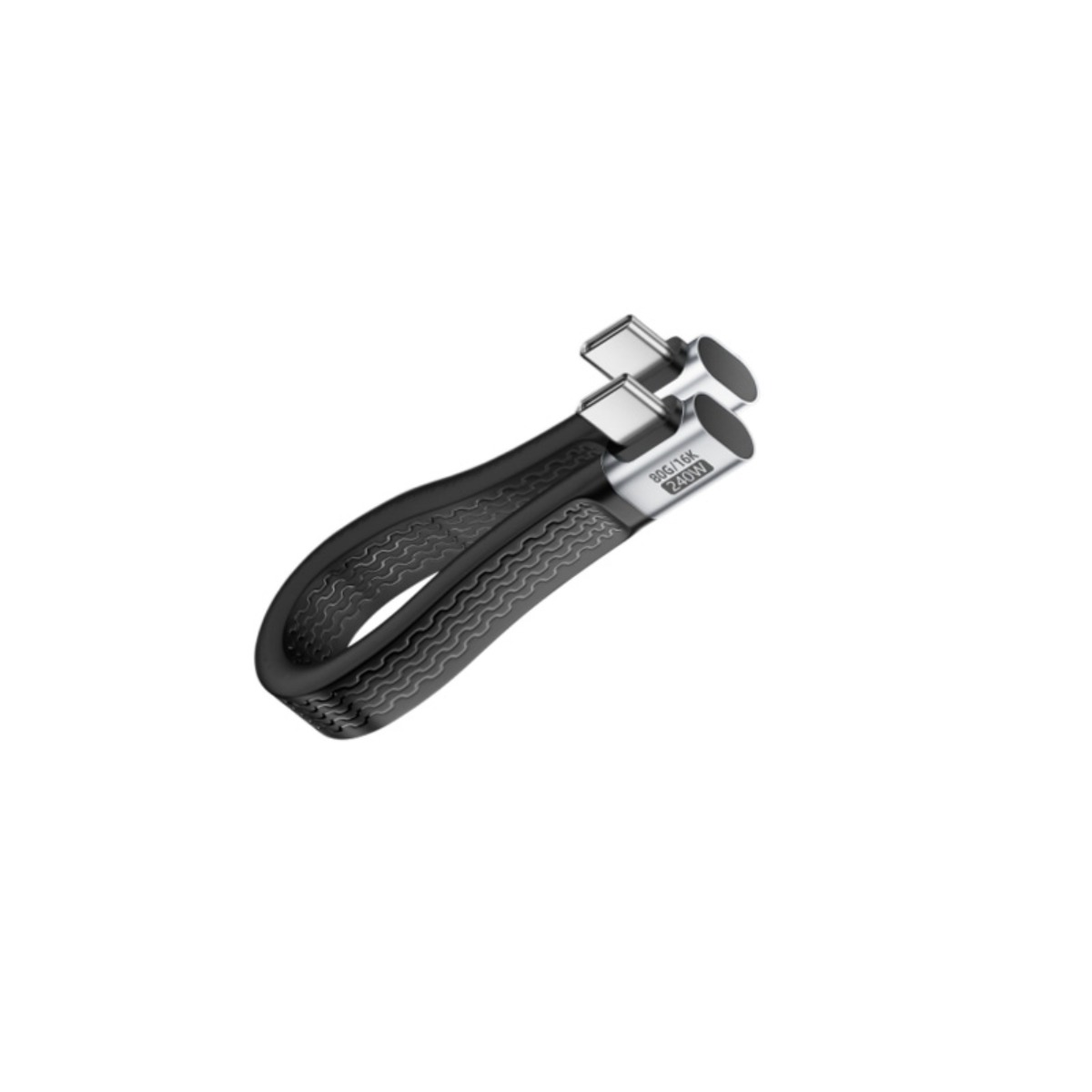 Ein kurzes, schwarzes USB-C-Kabel mit silbergrauen Steckern in einer Schlaufe auf weißem Hintergrund.