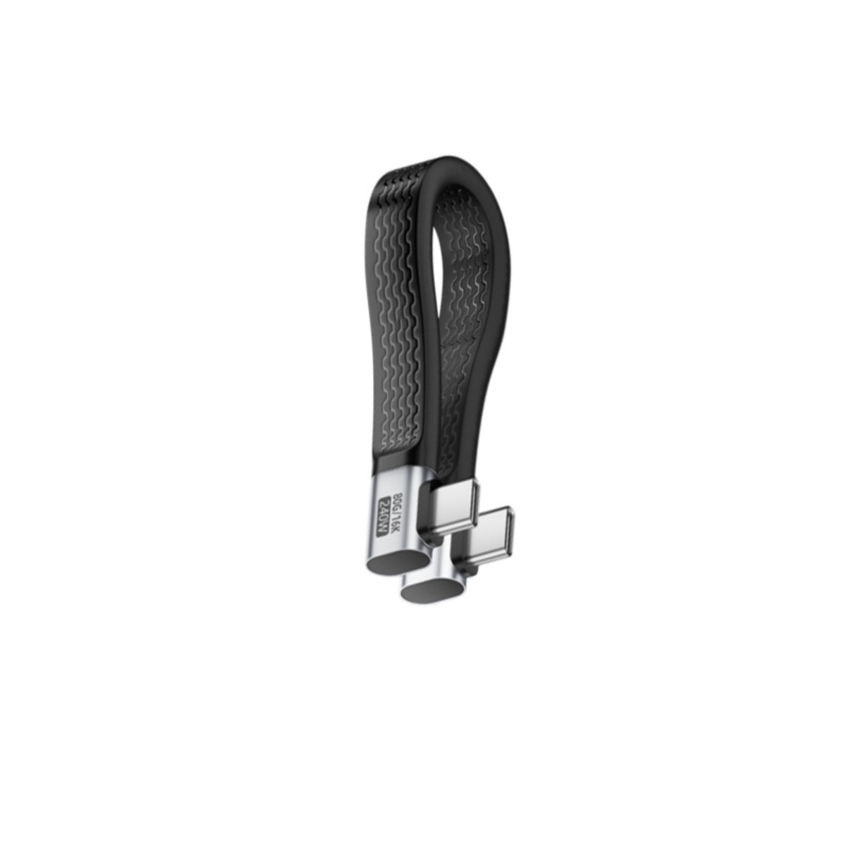 Ein schwarzes, gewelltes USB-Kabel mit Metallsteckern in einer Schlaufe auf weiÃem Hintergrund.