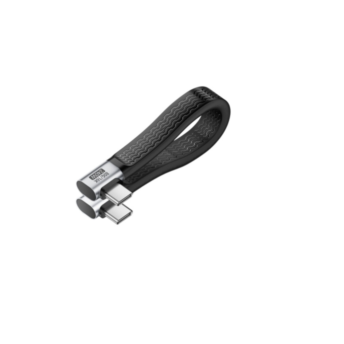 Ein schwarzes, geschleiftes USB-C-Kabel mit strukturiertem Muster und silbernen Metallanschlüssen.