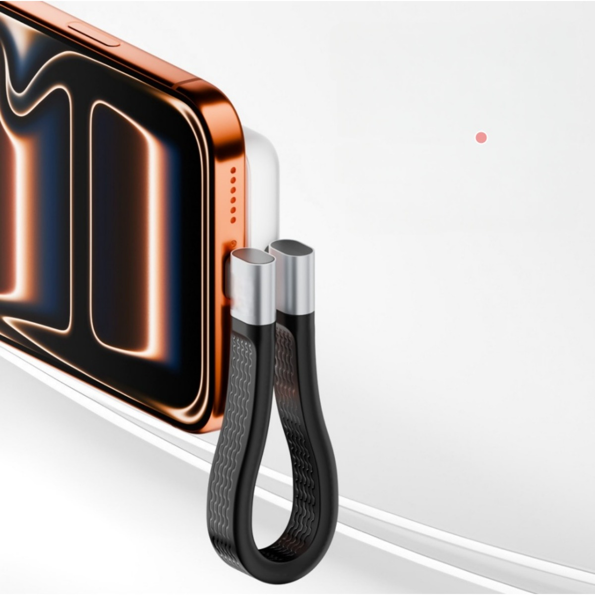 Ein orangefarbenes Smartphone mit einer schwarzen Schlaufe als Ständer auf einem weißen Hintergrund.