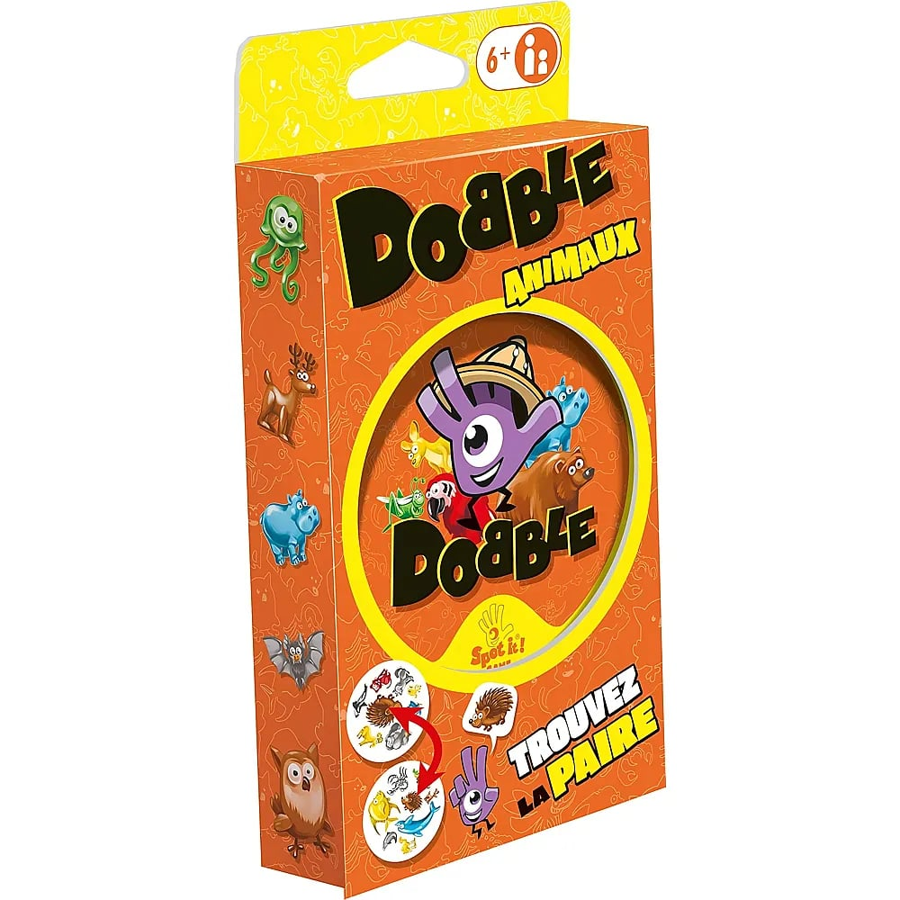 Orangefarbene Verpackung des Dobble Animaux Kartenspiels mit einer einäugigen violetten Hand und Tieren.