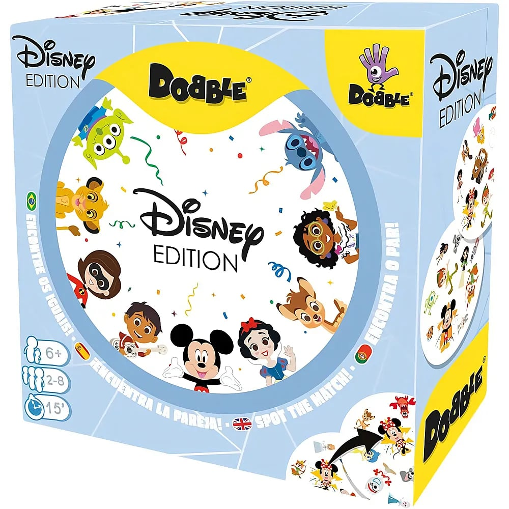Die Dobble Disney Edition Spielebox zeigt Micky Maus, Stitch und andere Disney Figuren auf hellblauem Hintergrund.