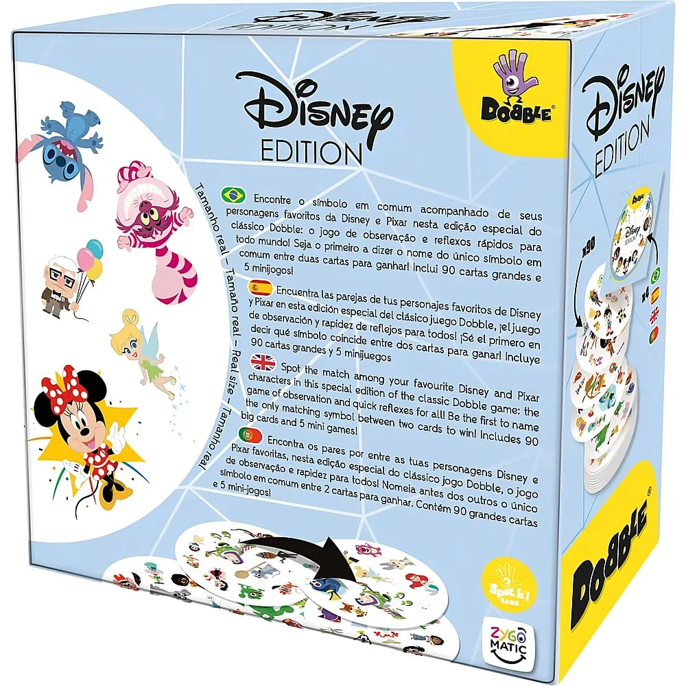 Rückseite der Disney Dobble Brettspielbox mit Charakteren und Spielregeln.