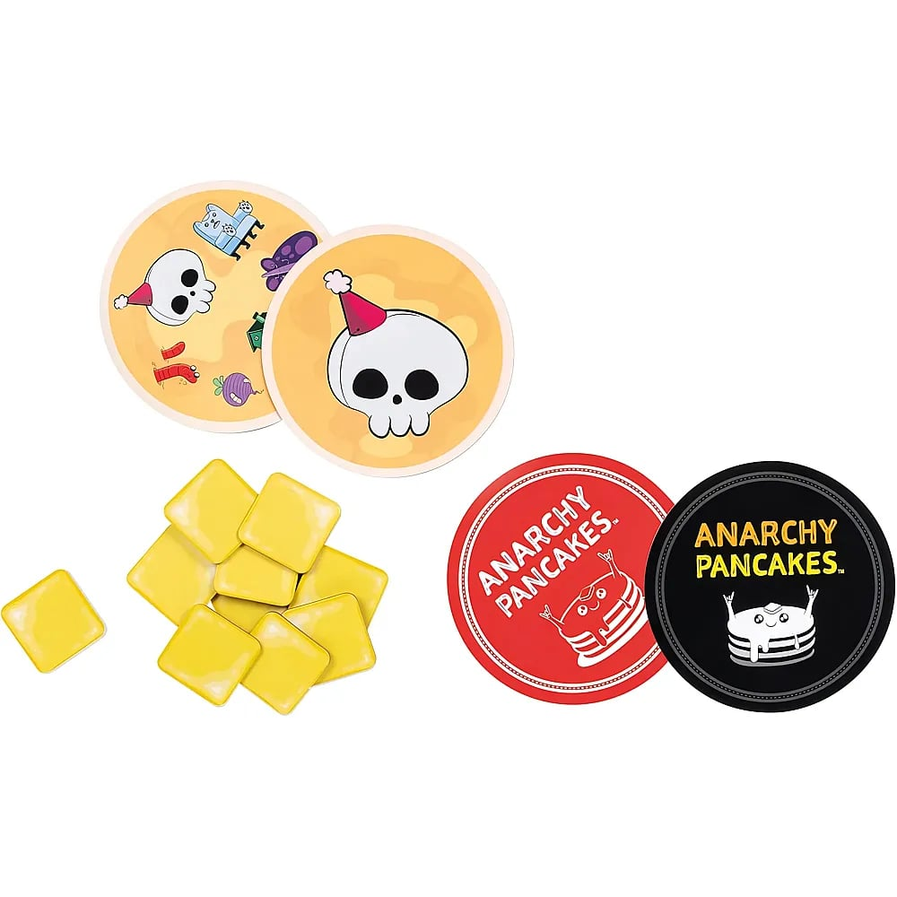 Kartenspiel mit runden Totenkopf- und Pfannkuchen-Karten sowie gelben quadratischen Marken auf weißem Hintergrund.