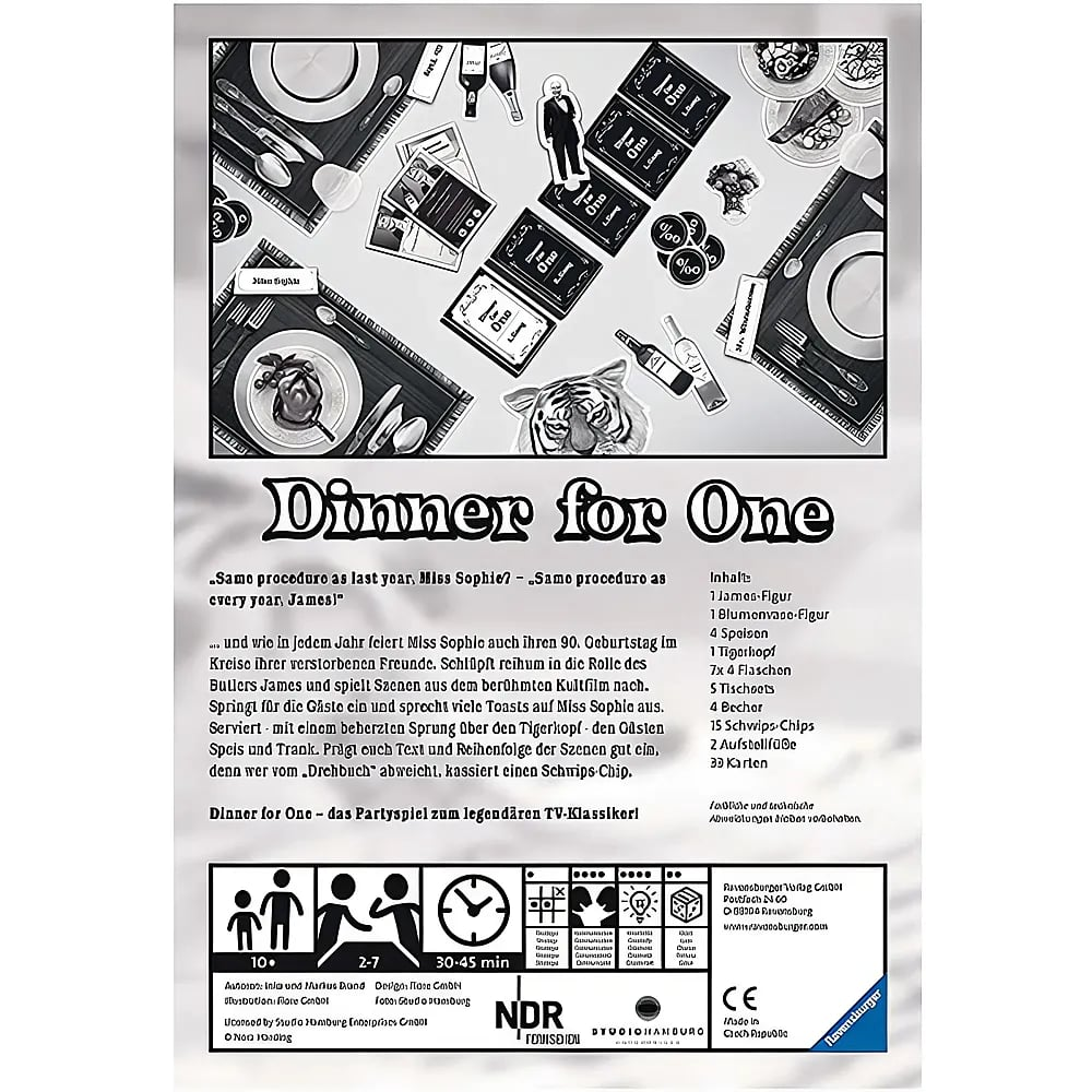 Ein Schwarz-Weiß-Spielposter für 'Dinner for One' mit Tischkulturmotiven, Text und Spielregeln.