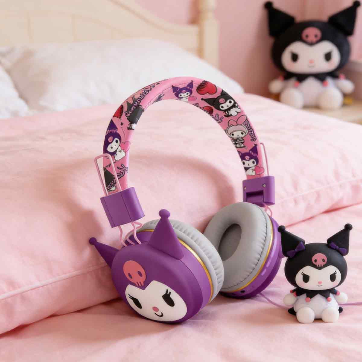Lila Kuromi-Kopfhörer mit gemustertem Bügel und Plüschfiguren auf einem rosa Bett.