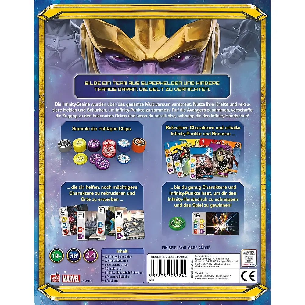 Rückseite einer Marvel-Brettspielverpackung mit Thanos, Spielkarten, Chips und Beschreibungen auf blauem Hintergrund.
