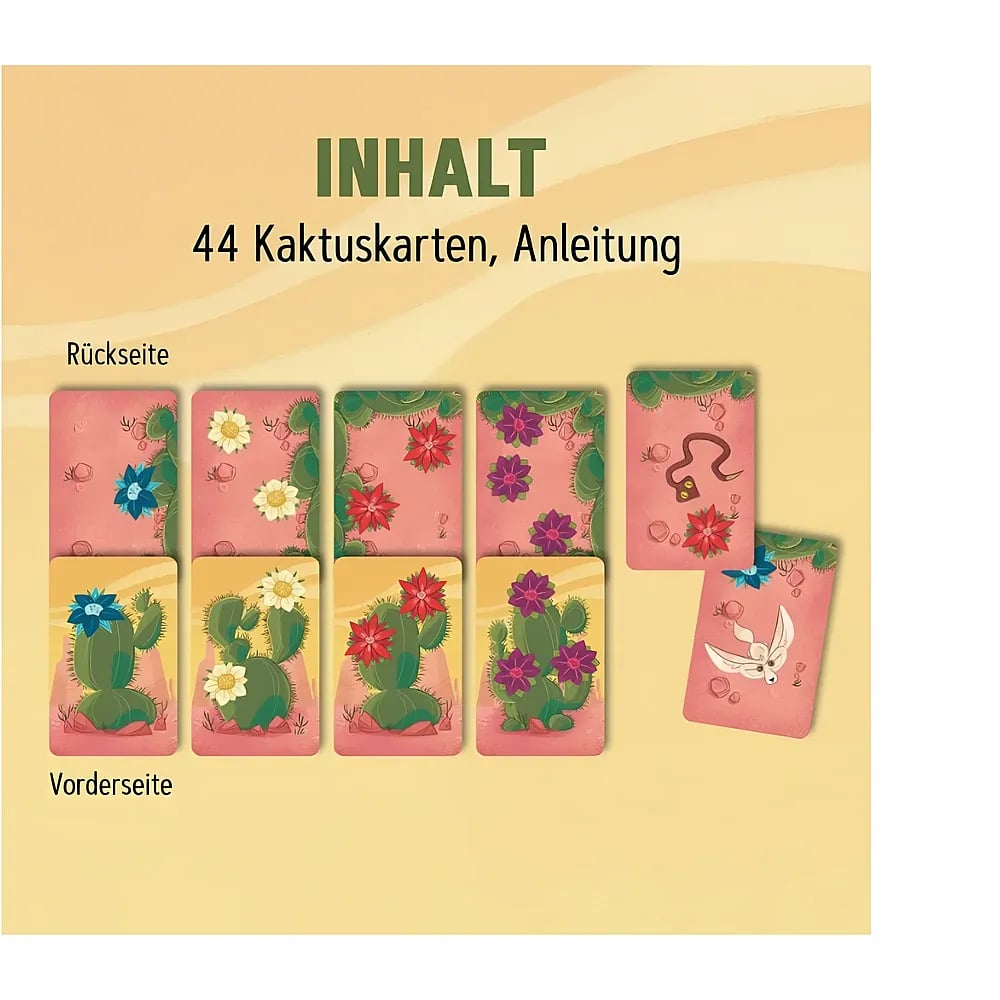 Ansicht von 44 Kaktuskarten mit Vorder- und Rückseite, bunten Blüten und Wüstentieren.