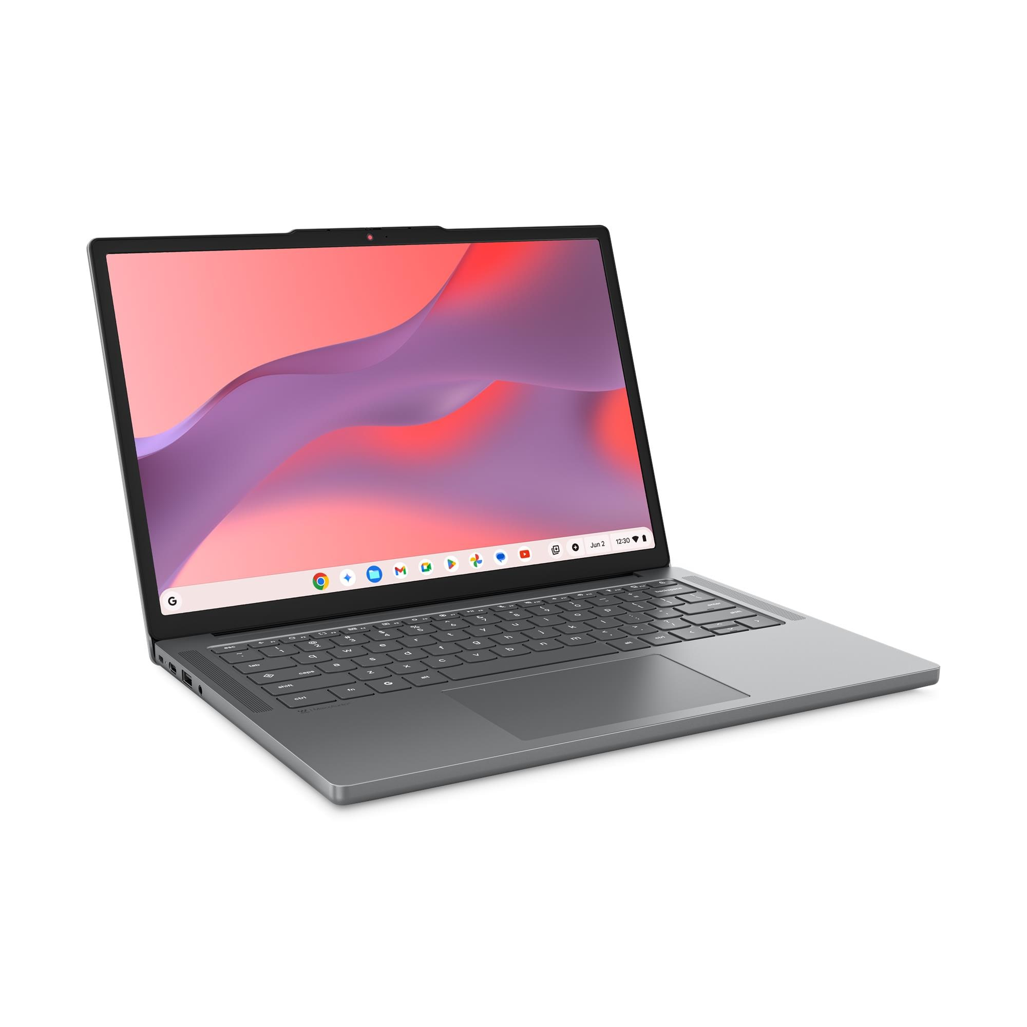 Un computer portatile grigio su sfondo bianco mostra uno schermo colorato.